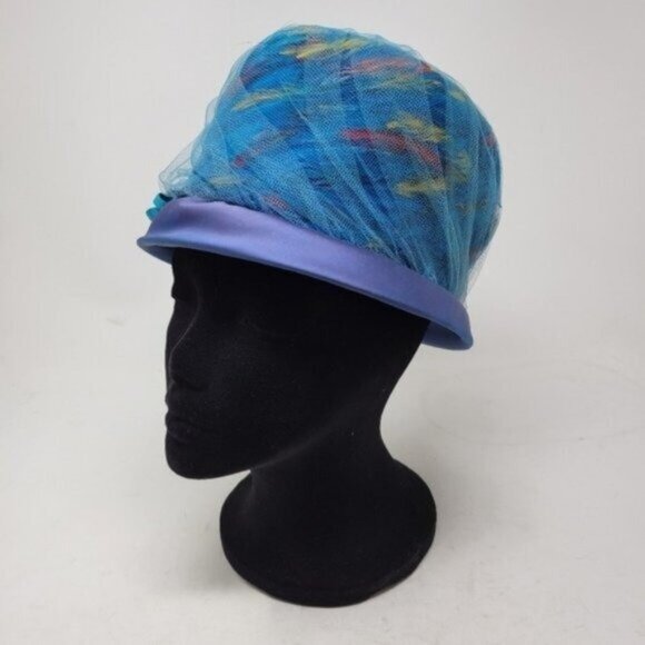 Vintage | Hard Structured Feather Tulle Hat Blue Multicolored Union Made main image 10